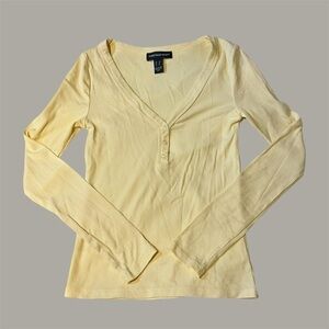 Long Sleeve Henley Striped Pastel Yellow Fitted Top